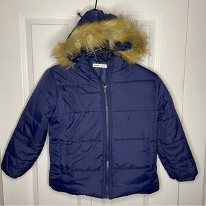 SHEIN Puffer Jacket Size 8 Youth Faux Fur Lines Hood Navy Blue Winter Snow Ski